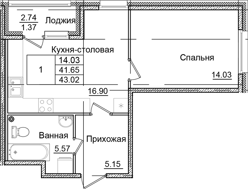 1-комнатная квартира 43.02 м², 2/9 эт., ЖК «Квартал Заречье»